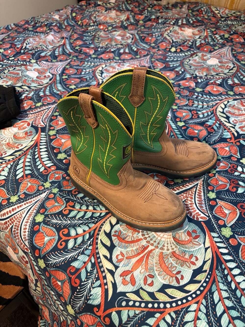 John Deere JD3186 Cowboy Boots Youth Size 4M Green Tan Leather
